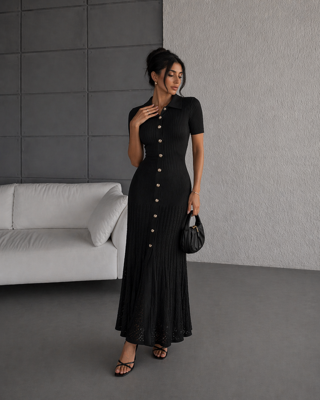 Collar Ribbed Knit Maxi Dress
